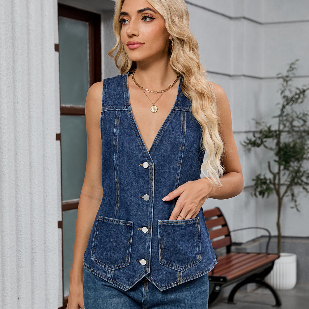 Fashion cross-border foreign trade women's clothing  independent station washed  v-neck sleeveless denim vest top trendy