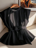 plus size french sleeveless top with stand collar, single button, chest pleat, tie waist, semi-sheer and flowy