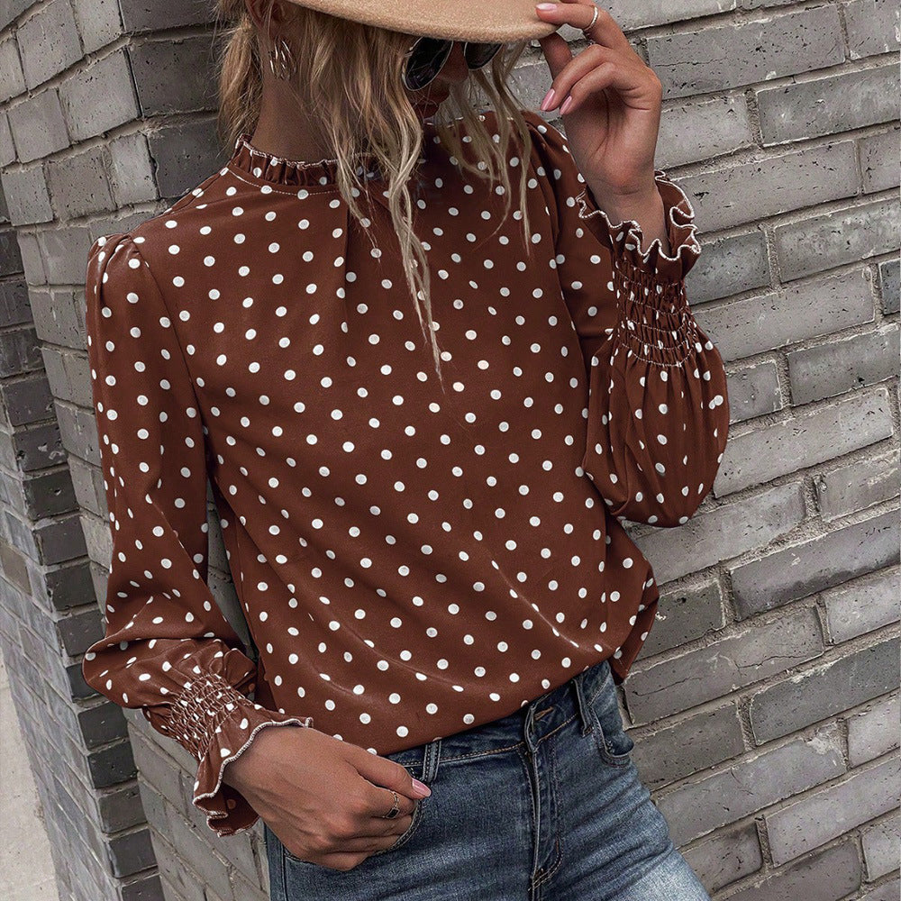 European and american cross-border women's apparel:  spring/autumn new collection - printed pullover cropped top with polka dot long sleeves