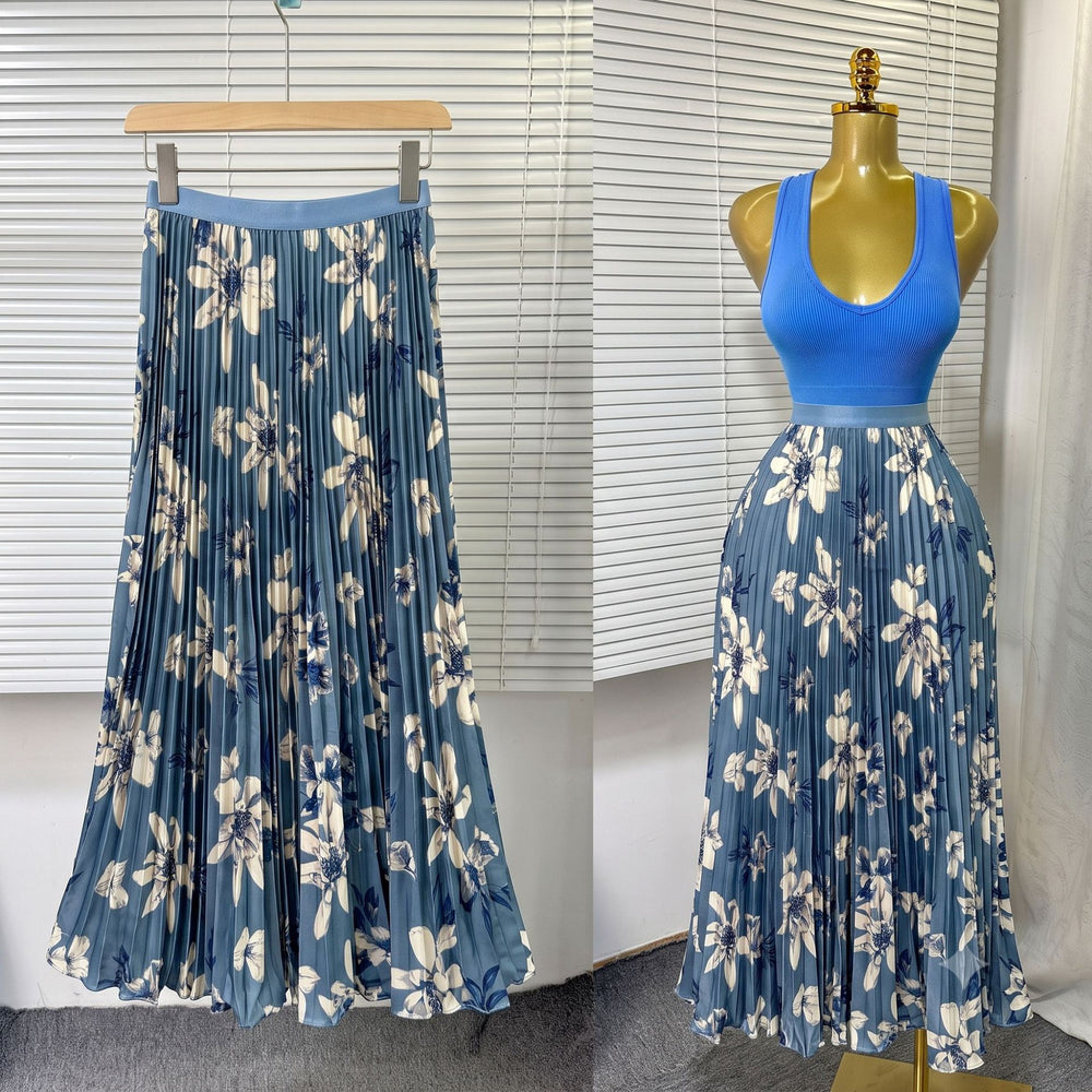 Exportsweeteasiest for matchpleated skirt large swing printing skirt women's frenchhigh waista-line medium long pleated skirt