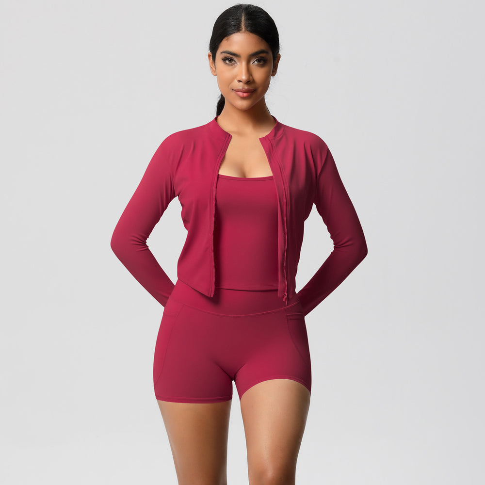 Cloud-feel outdoor leisure sports three-piece set: high-waisted, tight-fitting, pocketed, quick-dry yoga, pilates, running, and fitness apparel