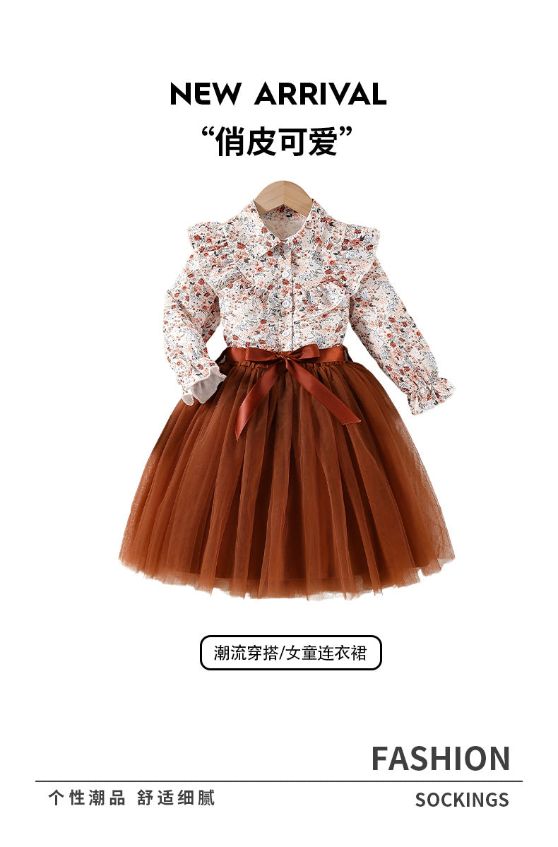 girl two-piece set pastoral small floral bows belt ruffles neckline cute kids gauze skirt