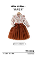 girl two-piece set pastoral small floral bows belt ruffles neckline cute kids gauze skirt