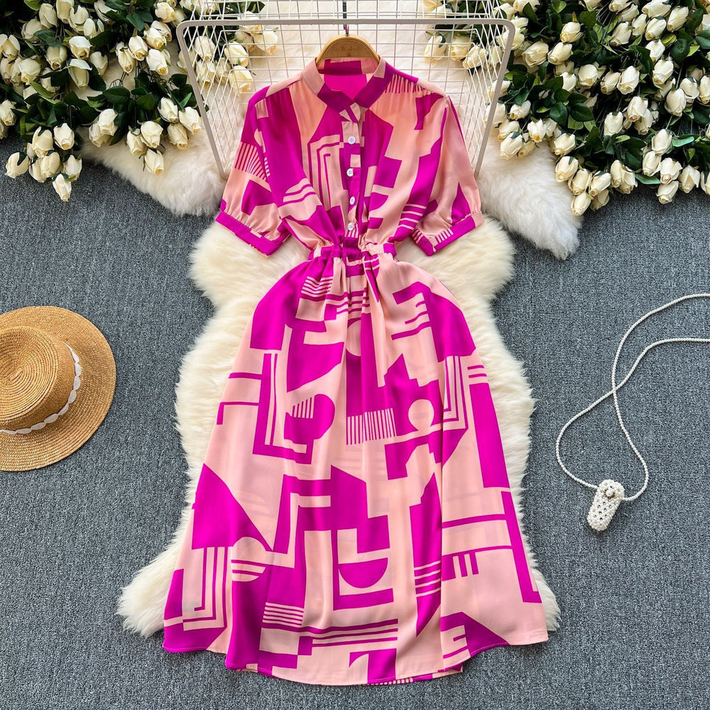 Niche stylesense of designprintingdressfemalenew arrivalsummer tie backwaist slimming lookmedium longvacation skirt