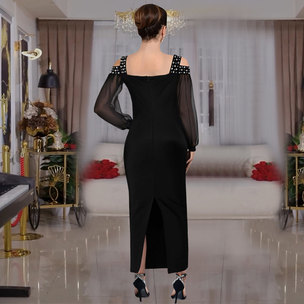 C7415 cross-border   fashion women's elegant rhinestone square neck mesh bodycon dress