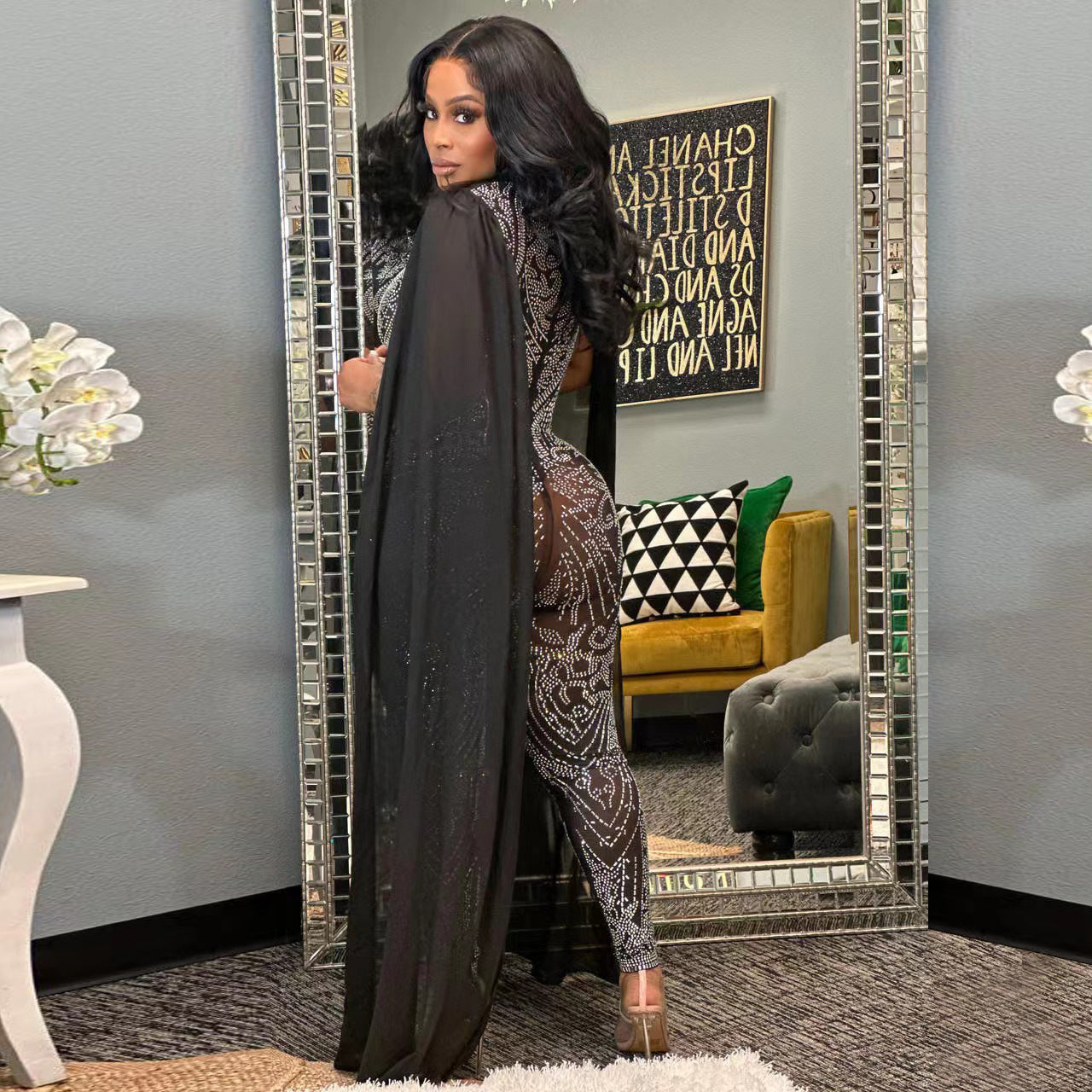 S390446  Cross-border Foreign Trade Fashion Sexy Mesh Perspective Hot Diamond Sleeve Suspender Jumpsuit Women