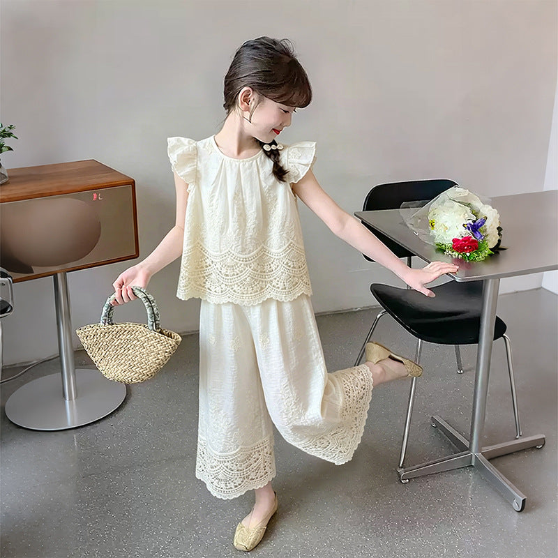 Girlsuitfrenchniche style spring and summer new arrivalheavy industrycut outembroiderwhitestraight-leg pantsfashionloose pants