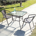 Outdoor table and chair set with umbrella, sunshade, perfect for outdoor cafes, bubble tea shops, and casual outdoor seating. features a wrought iron frame and rattan chairs, ideal for patios and gardens
