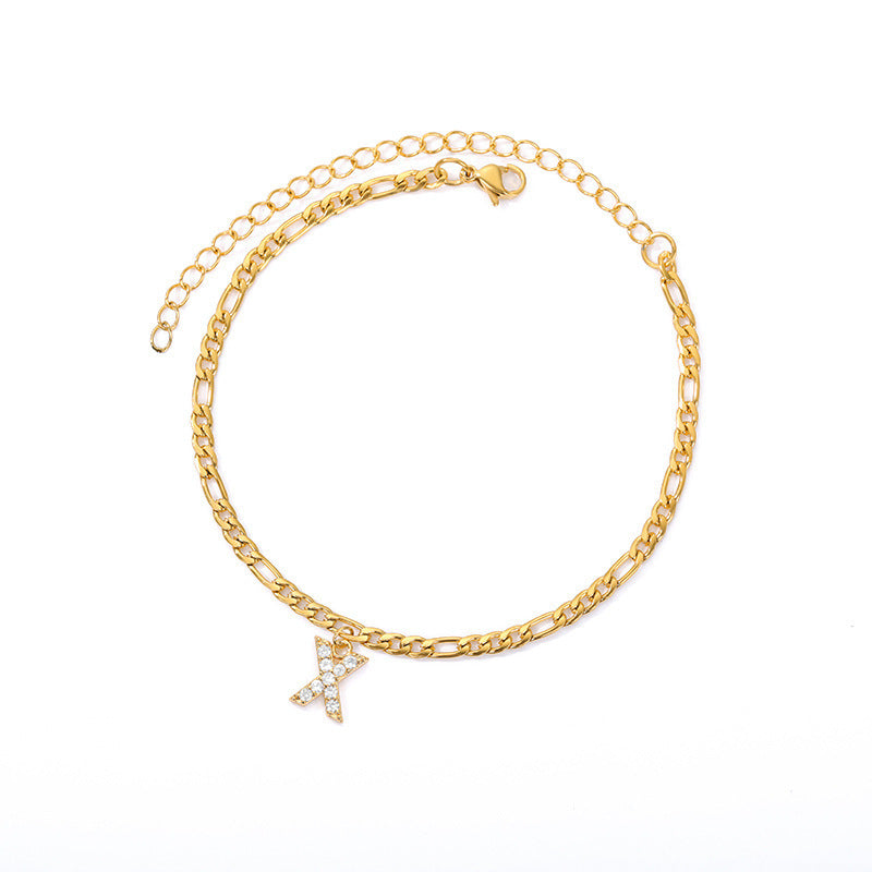 European and american minimalist micro-paved zircon stainless steel chain letter anklet - 26 english alphabet pendant anklet for couples