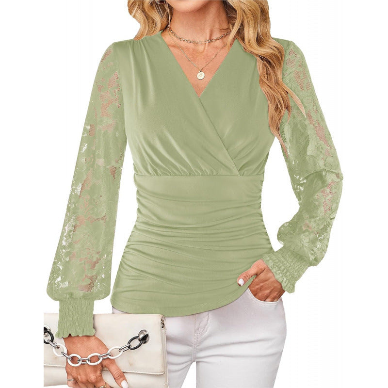 Amazon casualelegancelace pleated shirt women's  spring new arrivalelegantfashionlong sleevestops