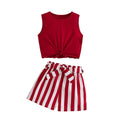 girls' round neck red tank top set - sleeveless top with striped shorts and belt - summer kids' two-piece outfit