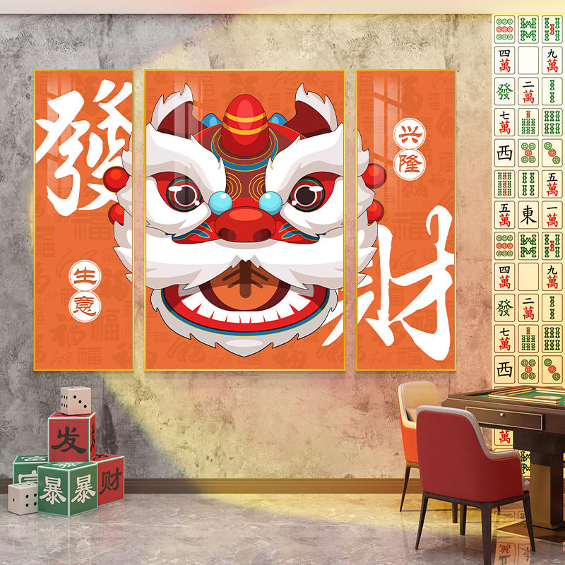 Chess and card room pink violent bear decorative painting Self-service mahjong hall box hanging painting Sparrow room Guochao lion dancing mural