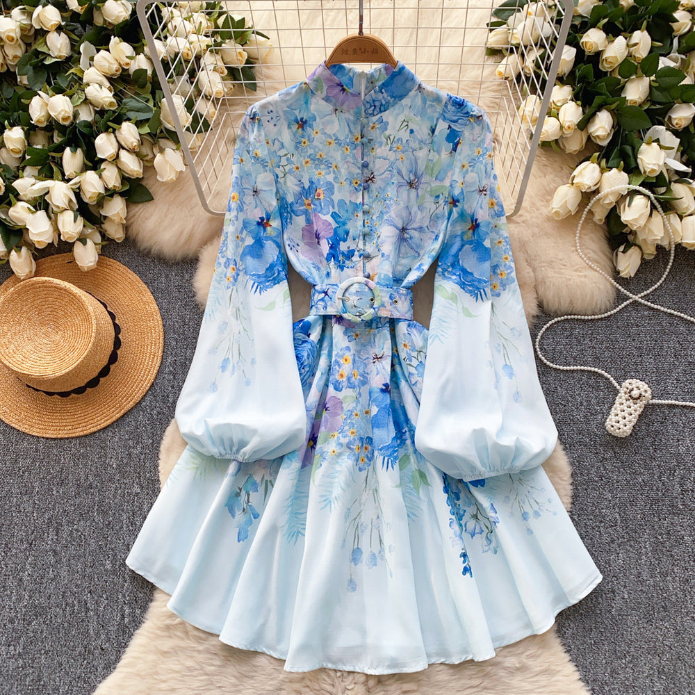 new resort style women's dress - french chic stand collar, single-breasted button, cinched waist, lantern sleeves, printed a-line dress