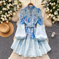 new resort style women's dress - french chic stand collar, single-breasted button, cinched waist, lantern sleeves, printed a-line dress