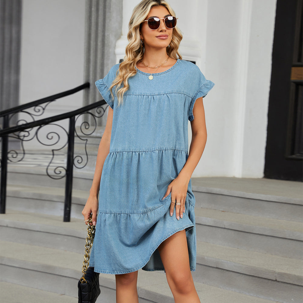 Fashion cross-border export women's summer new arrivalpure color pullover round neck denim skirt loosecasual style dress trendy