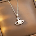 [titanium steel] hot-selling queen mother saturn pearl necklace women's earrings niche style classy light luxury sweater chain jewelry