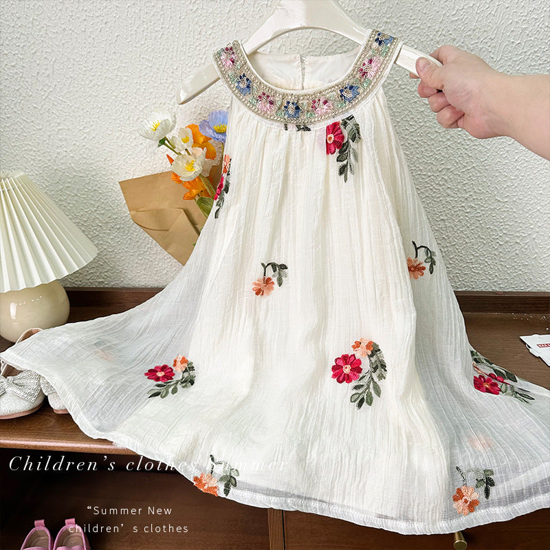 summer girls' embroidered round neck sleeveless a-line ethnic style tank dress - clearance sale (limited sizes available)