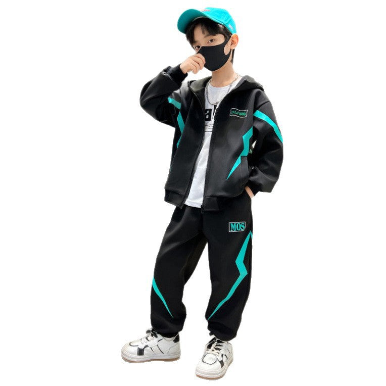 Fall and winternew arrivalkidsoutwearfleece-linedheattech hooded sweatshirt sweatpants suit small and medium-sized boys casual sports suit