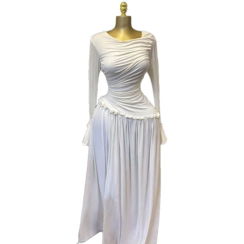 European and american cross-border women's fashion:  spring/summer new arrival - elegant ruched slim-fit flared sleeve maxi dress with ruffle trim