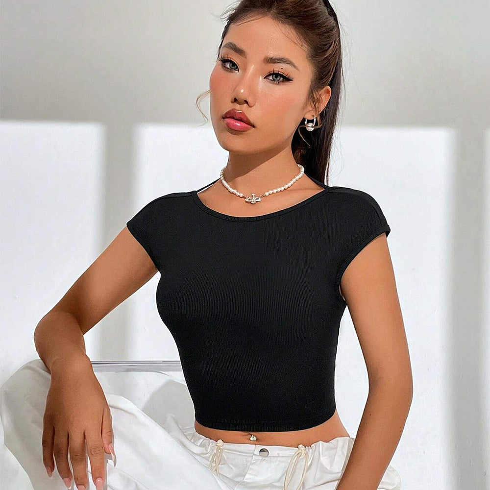spring/summer new arrivals:  cross-border women's fashion - european and american sexy t-shirt, open back, sweet & spicy, beautiful back, short sleeve top