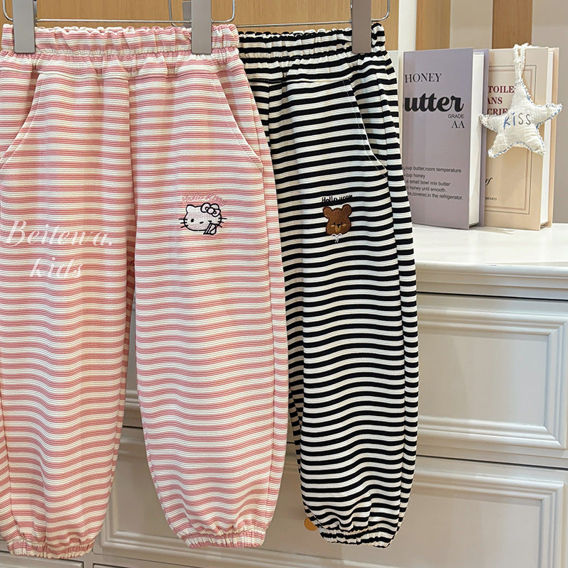 Girls' autumn pants: new kids' casual sports sweatpants, cute cartoon striped fashion joggers for toddlers