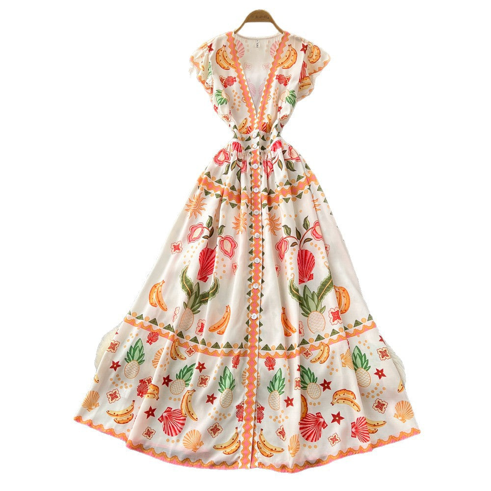 French riviera style v-neck printed flutter sleeve dress - women's spring/summer a-line maxi dress - elegant work-ready dress