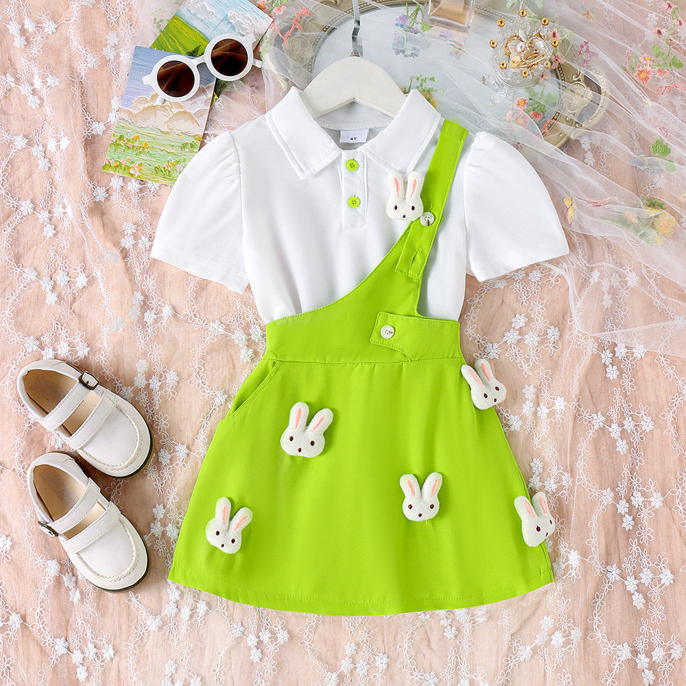 24 new cross-border children's clothing: european and american style girls' outfit - short-sleeve shirt with cute bunny suspender skirt two-piece set
