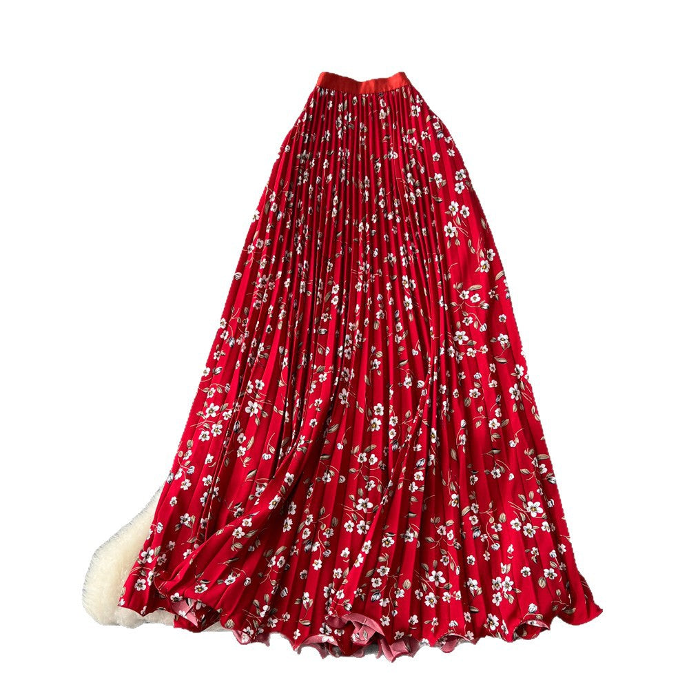 K-style floral high waist elastic waist a-line pleated skirt women's spring summer mid-length skirt slimming look large swing work clothing skirt