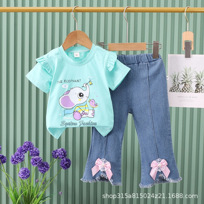 Girls' outfit  new cartoon cute animal korean style denim shorts lace short sleeve two-piece set for young children and toddlers