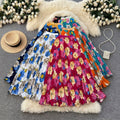 fashionretroprintingpleated elastic waist fashion skirt women's high waist a-line skirt work clothing long skirt summer