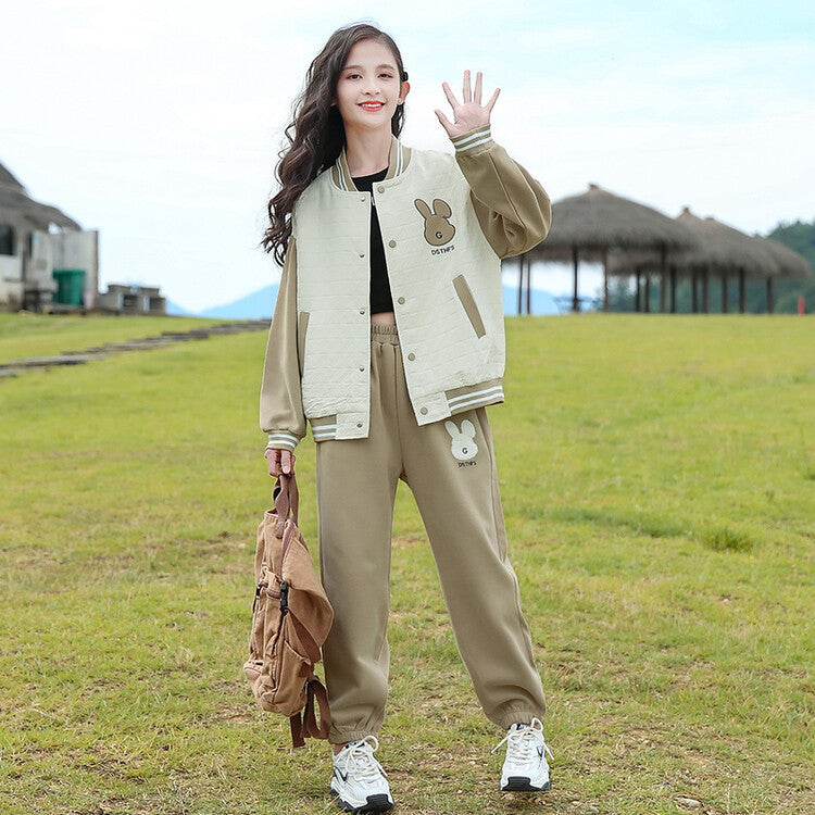 Girls' activewear set - spring/autumn  new collection - stylish and trendy baseball jacket & sweatshirt two-piece set for mid-to-large children
