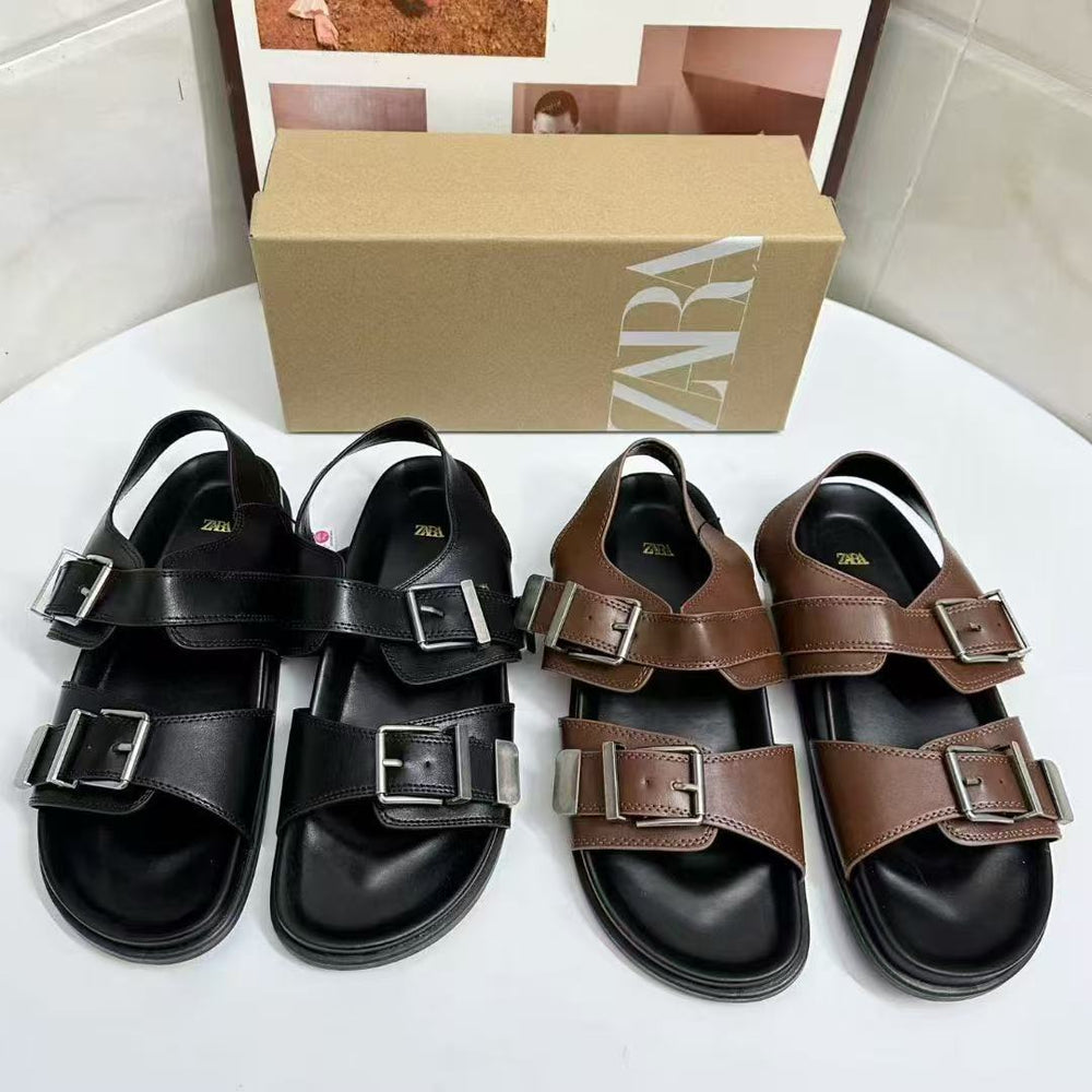 Za2025 new arrival lazy thick sole metal buckle bobo sandals for women 2025 new arrival summer genuine leather easiest for match beach shoes