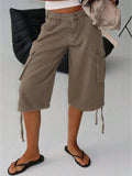 European and american style workwear denim cropped pants - khaki brown, multi-pocket, drawstring, wide leg, vintage washed cropped work pants