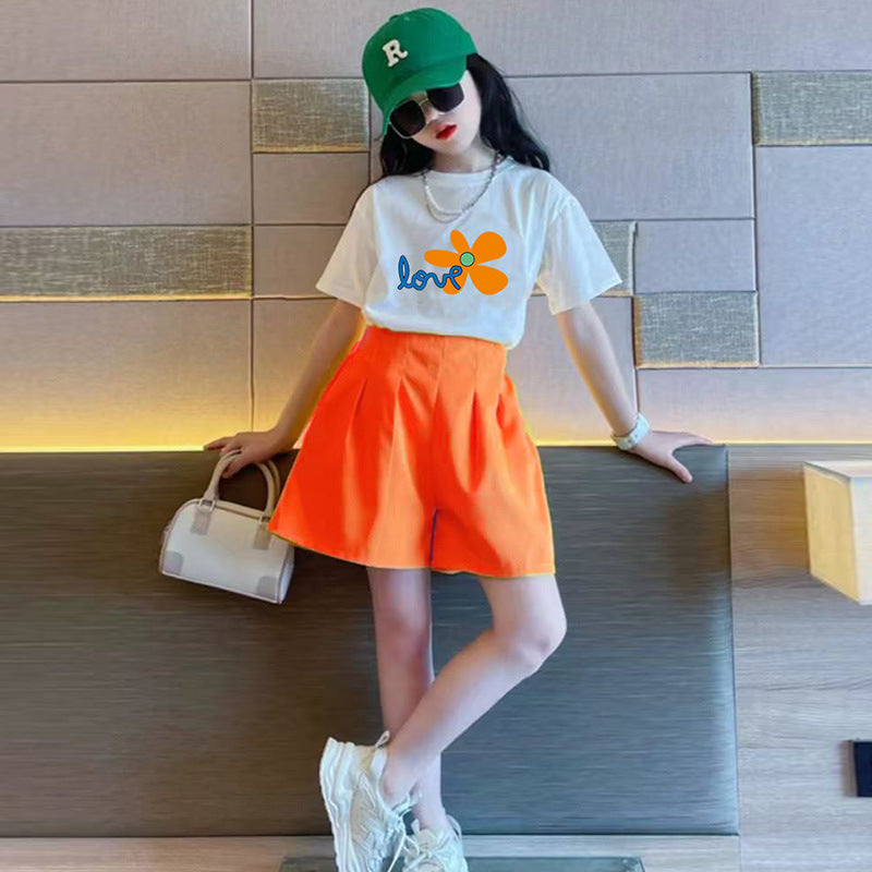 Girls' summer outfit set : trendy new style, kids' short sleeve & shorts, popular online, fashionable two-piece set for mid-to-large children