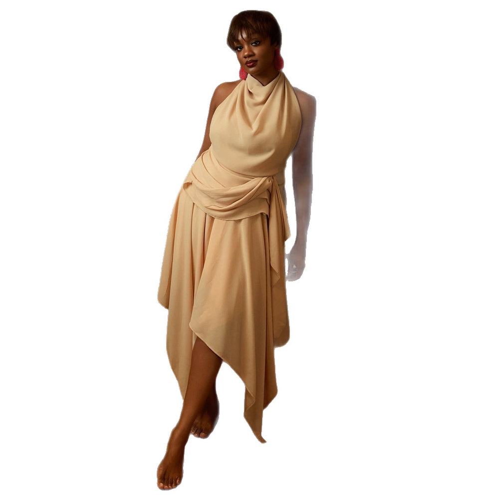 European and american cross-border women's fashion  summer new arrival: elegant halter neck sleeveless slim-fit top and asymmetrical midi skirt set