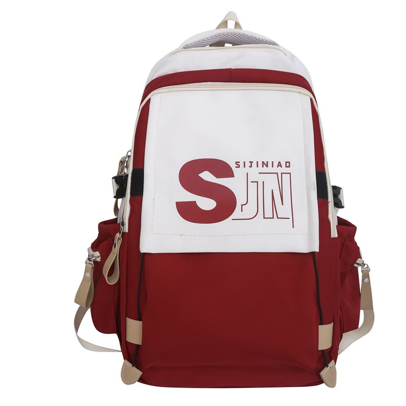 School bag female Japanese tooling style high school student junior high school student contrasting color backpack American retro large-capacity backpack male