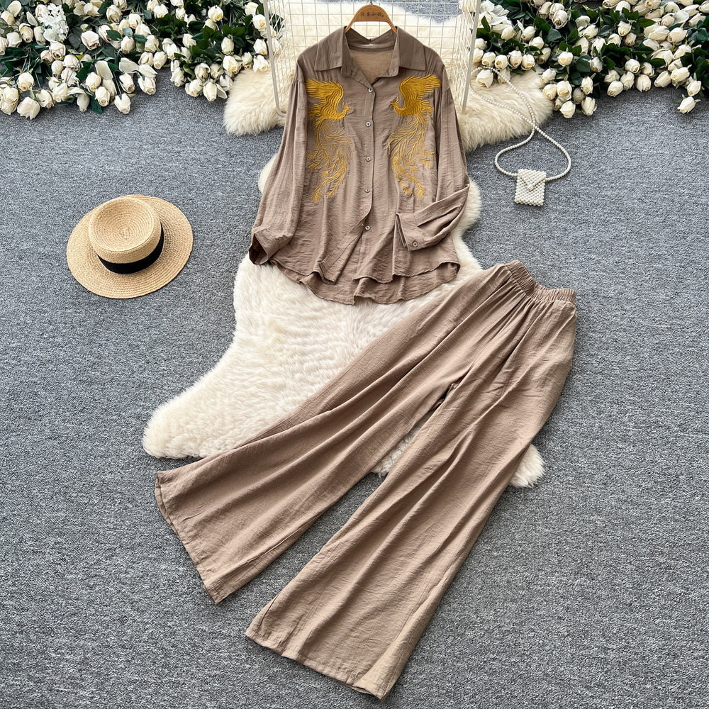 Lazy style pink embroidershirtloose pantstwo-piece setfemaleautumwork clothingslimming lookelegantsuitcasual