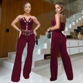 C7327 cross-border   fashion women's sexy bandeau top and eyelet metal buckle pants set