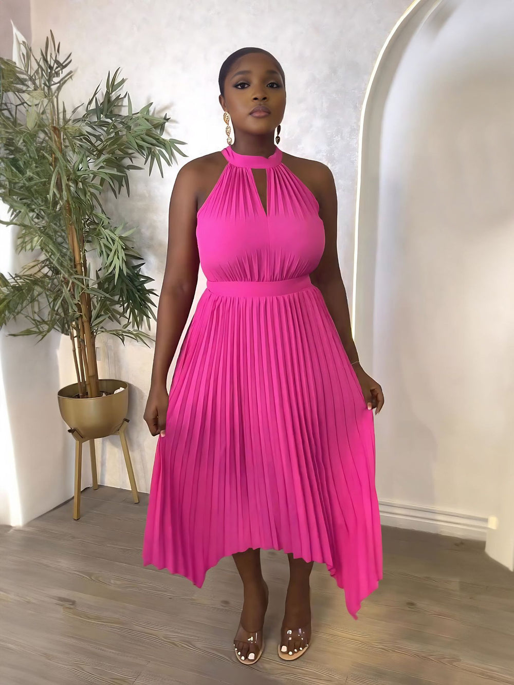 new sleeveless off-the-shoulder pleated asymmetrical halter neck slit pleated dress for cross-border fashion on  (us & europe)