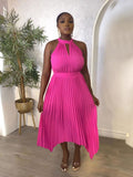 new sleeveless off-the-shoulder pleated asymmetrical halter neck slit pleated dress for cross-border fashion on  (us & europe)