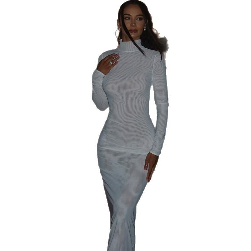 European and american style cross-border elegant slim-fit women's sexy backless bodycon dress with stand collar, long sleeves, solid color, and slimming long dress