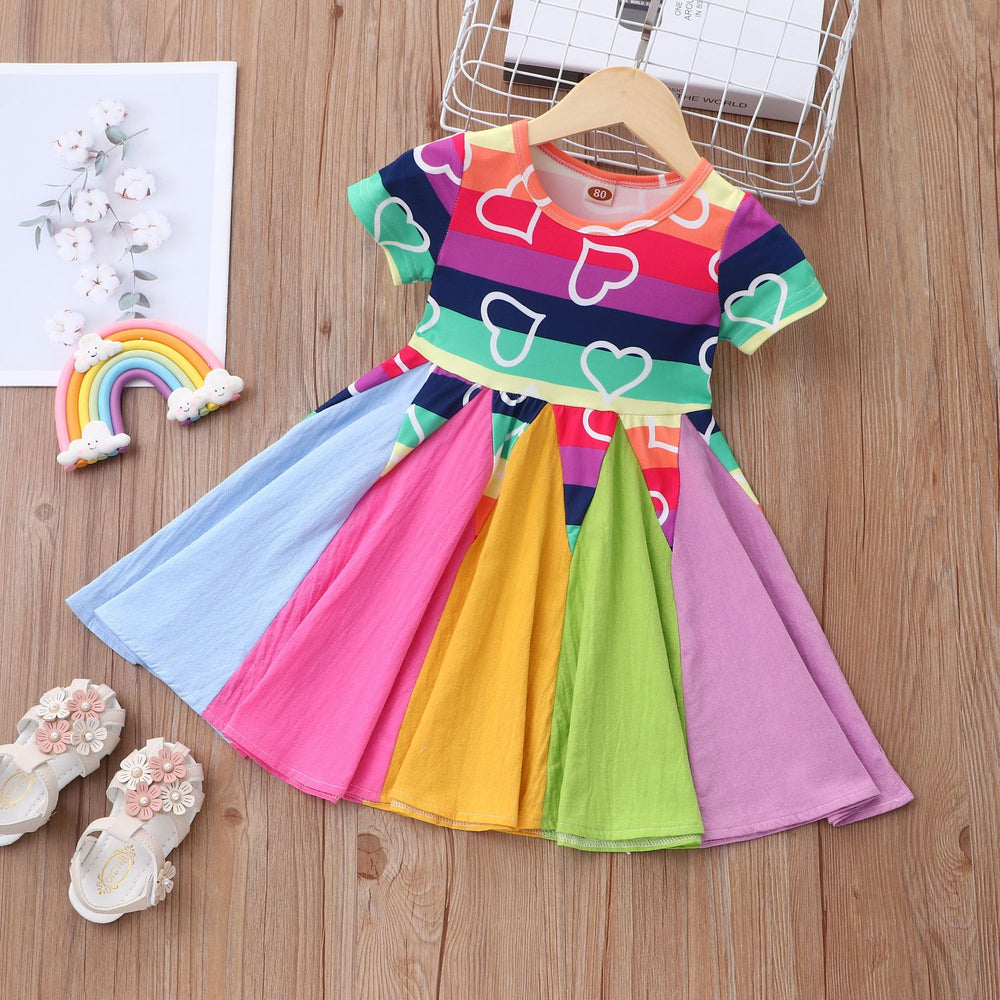 kids' summer short-sleeve dress - heart, dinosaur, and rainbow print