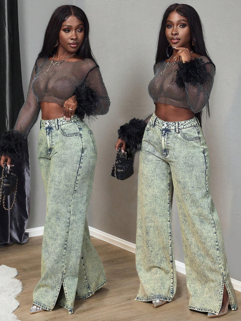 Fashionjeans women's high waist acid washed distressed slit wide leg pants cross-border retroloosemop denim women's pants