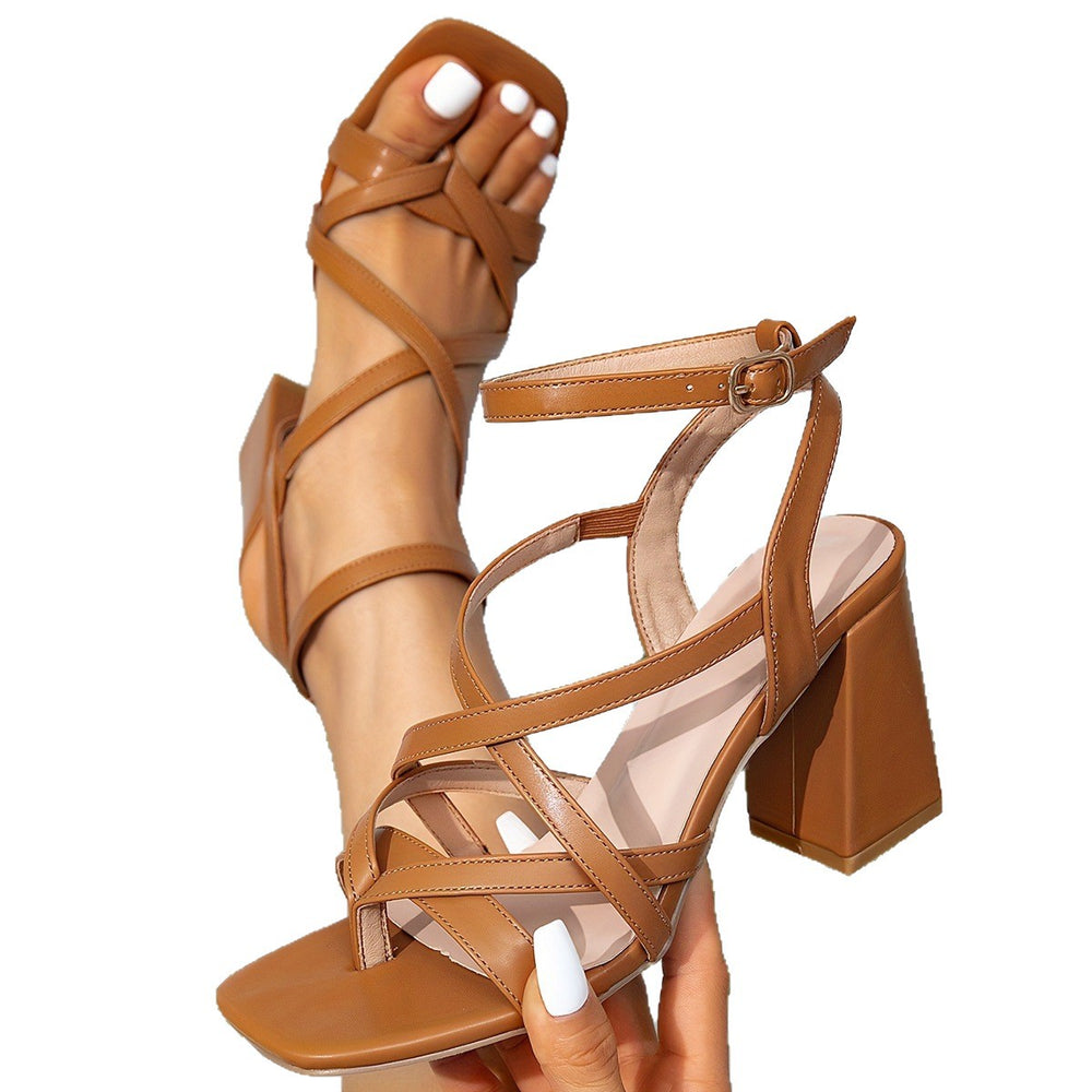 Women's linen casual square toe chunky heel split-toe evening party shoes high heel sandals - cross-border amazon