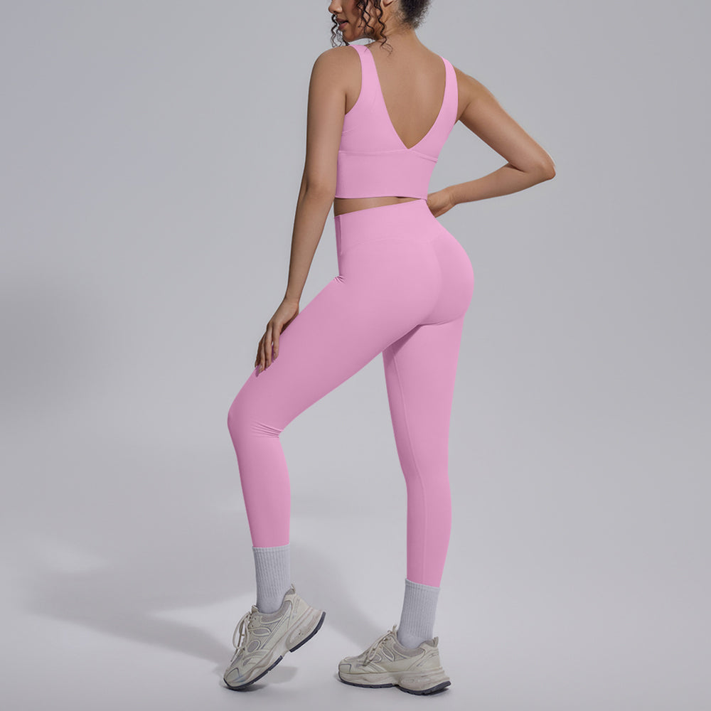 pure color double-sided brocade v-shaped beautiful back breathable tight-fitting yoga suit sports running fitness two-piece set for women