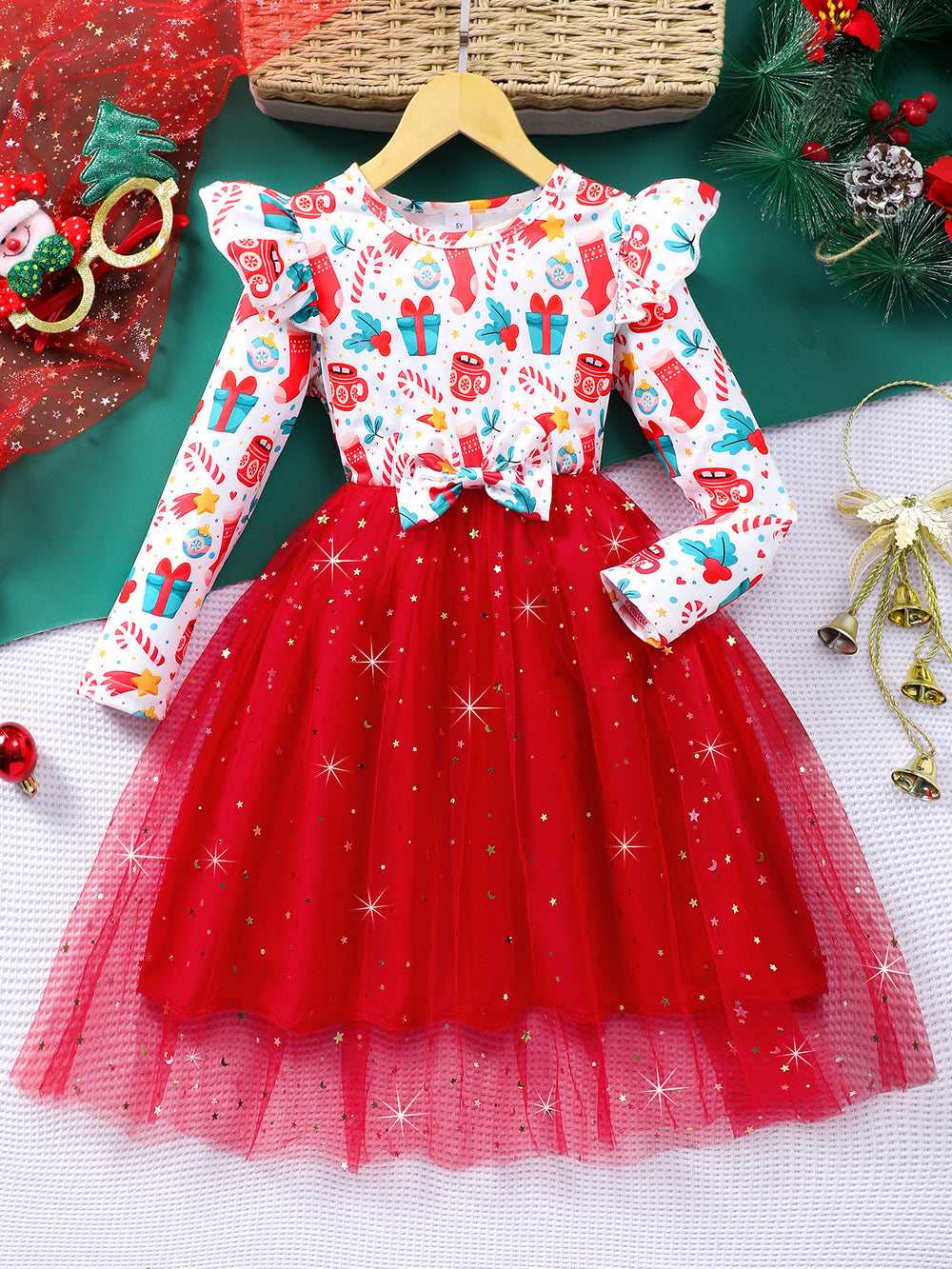 Kids' long-sleeve crewneck dress with fish scale mesh detail - christmas green