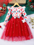 Kids' long-sleeve crewneck dress with fish scale mesh detail - christmas green