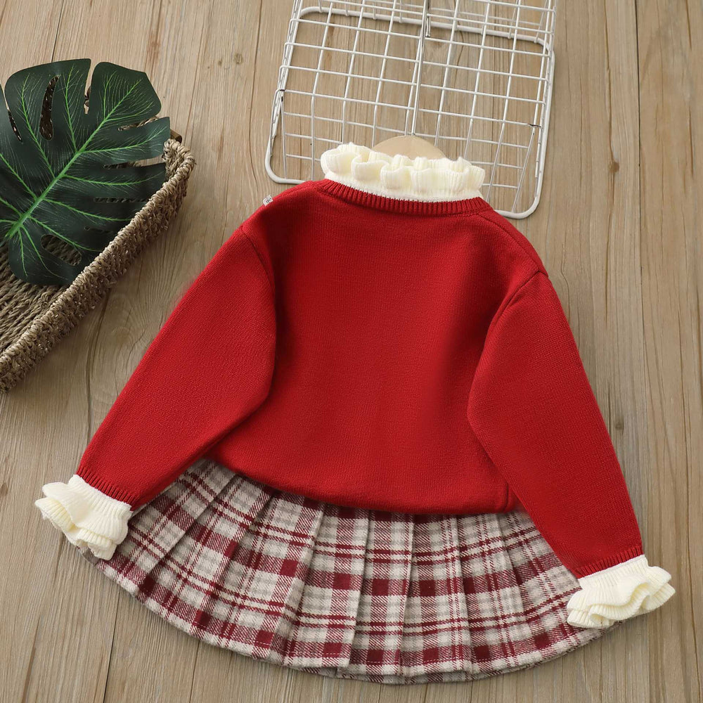 Girls' sweater set -  winter new arrival: stylish ruffle-trimmed thick cardigan sweater and plaid skirt two-piece set