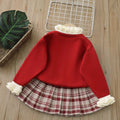 Girls' sweater set -  winter new arrival: stylish ruffle-trimmed thick cardigan sweater and plaid skirt two-piece set