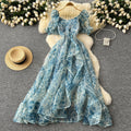 Organza square neck puff sleeve dress women's french elegant fairy waist ruffles puffy vacation long skirt